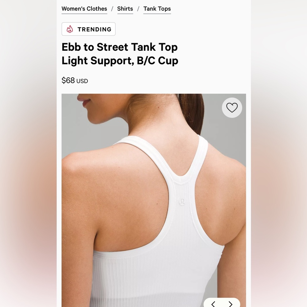 Lululemon Ebb to Street Tank Top
Light Support (A/B cup)
